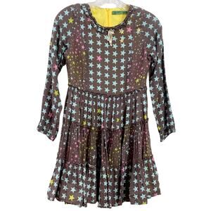 Oilily Star Patterned Long Sleeve Brown/Blue Long Sleeve Tiered Ruffle Dress